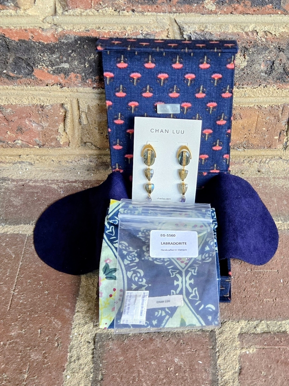Chan Luu Gold Drop Earrings with Navy Floral Pouch and Multicolor Scarf